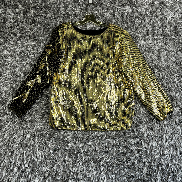 Women's Jean for Joseph Le Bon Silk Sequin Beaded Black Gold Formal Top- Size L - Picture 7 of 7